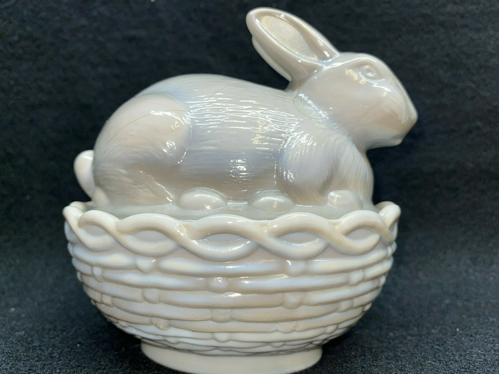 Gray Milk Glass Bunny Rabbit On Nest / Basket Easter Eggs Candy Dish Butter Slag