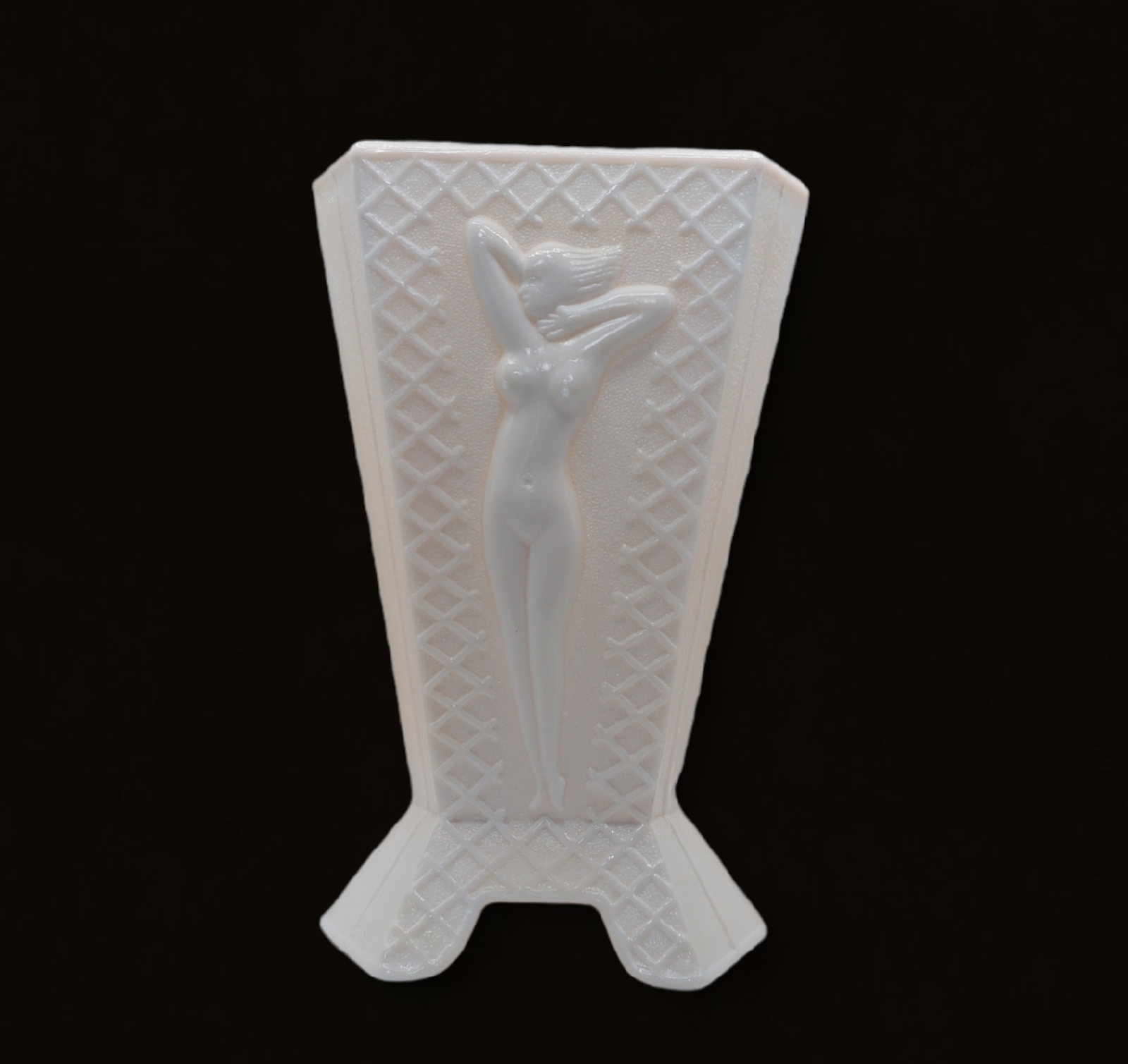 White Milk Depression Style Glass Nude Woman 3 Sided Art Deco Vase, Flower, Bowl