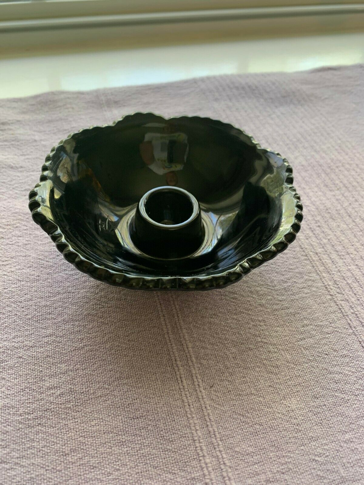Vintage Black Opaque Pressed Cut Glass Bowl Candle Holder Pillar Taper